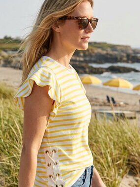 Lauren Ralph Lauren 100% Cotton Striped T-Shirt Lace-up Grommet Detail Petite S